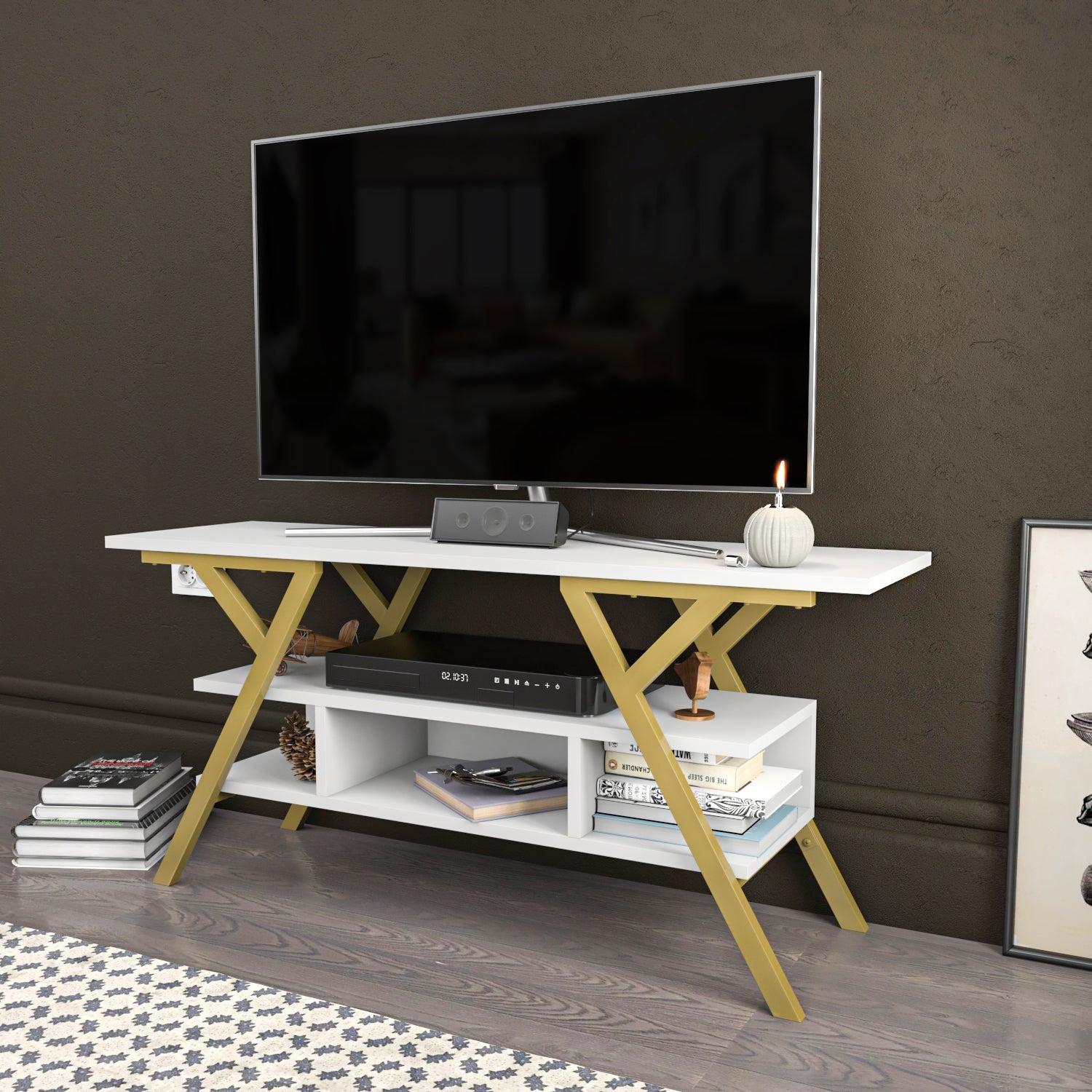 Minerva TV Unit - Gold-White by DECOROTIKA | Souqify