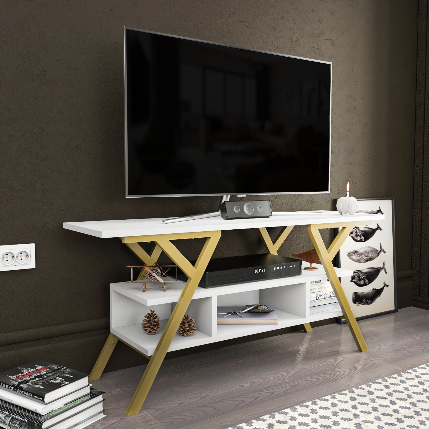 Minerva TV Unit - Gold-White by DECOROTIKA | Souqify