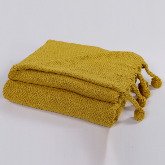 Mustard Handwoven Cotton Throw with fringe 50" x 60" (127 x 172 cm) by Luv Saffron | Souqify