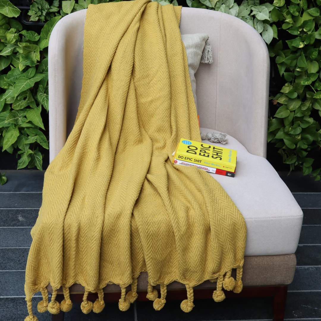 Mustard Handwoven Cotton Throw with fringe 50" x 60" (127 x 172 cm) by Luv Saffron | Souqify