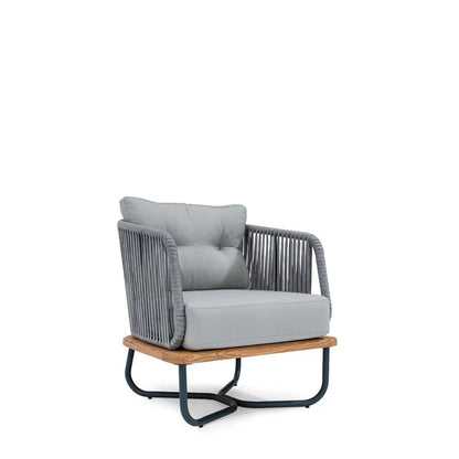 Gray armchair with wooden base and metal frame on a white background