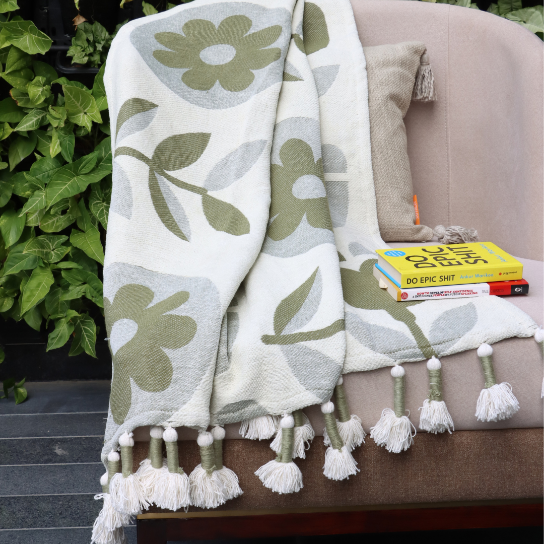 Olive Green Handwoven Cotton Throw with fringe 50" x 60" (127 x 172 cm) by Luv Saffron | Souqify