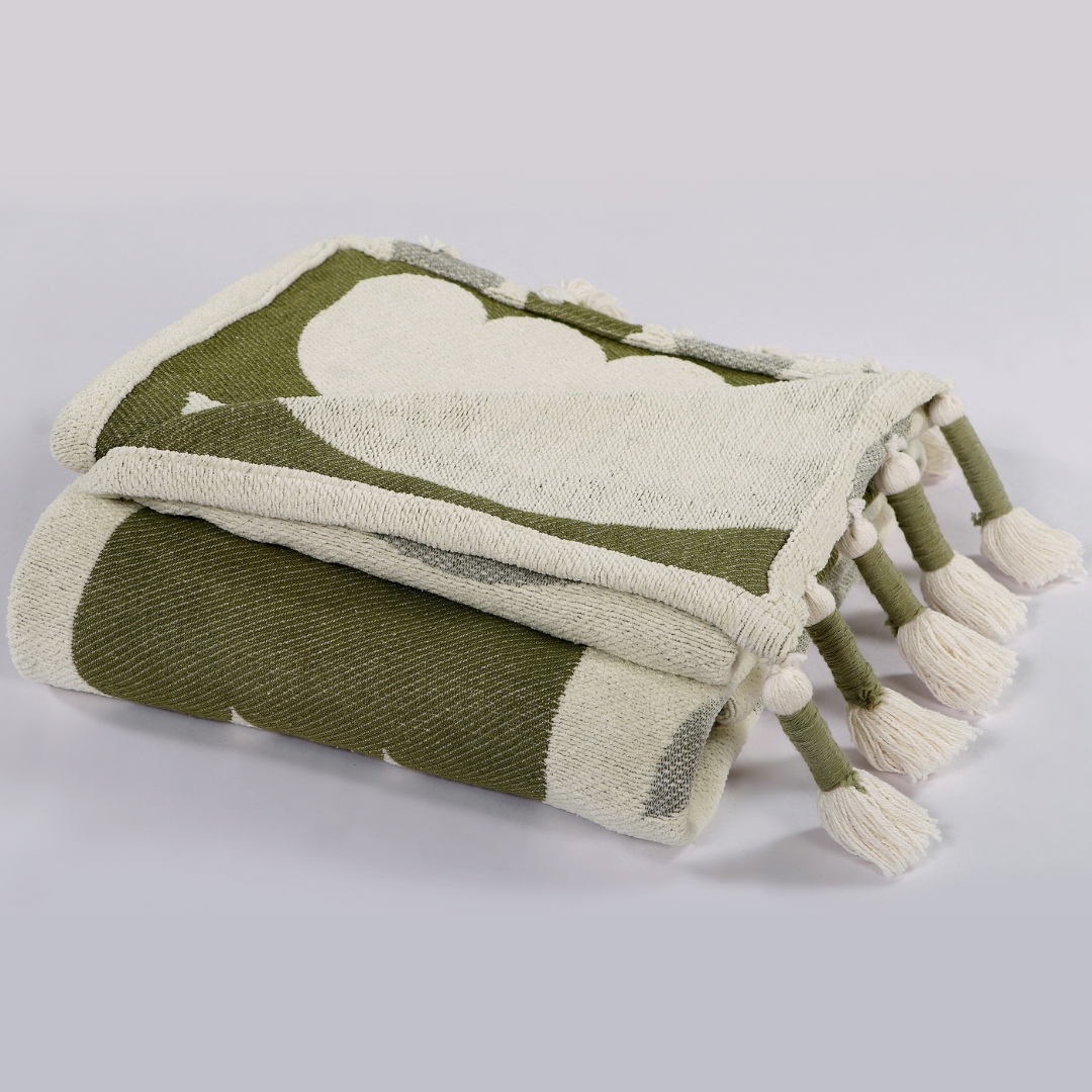 Olive Green Handwoven Cotton Throw with fringe 50" x 60" (127 x 172 cm) by Luv Saffron | Souqify