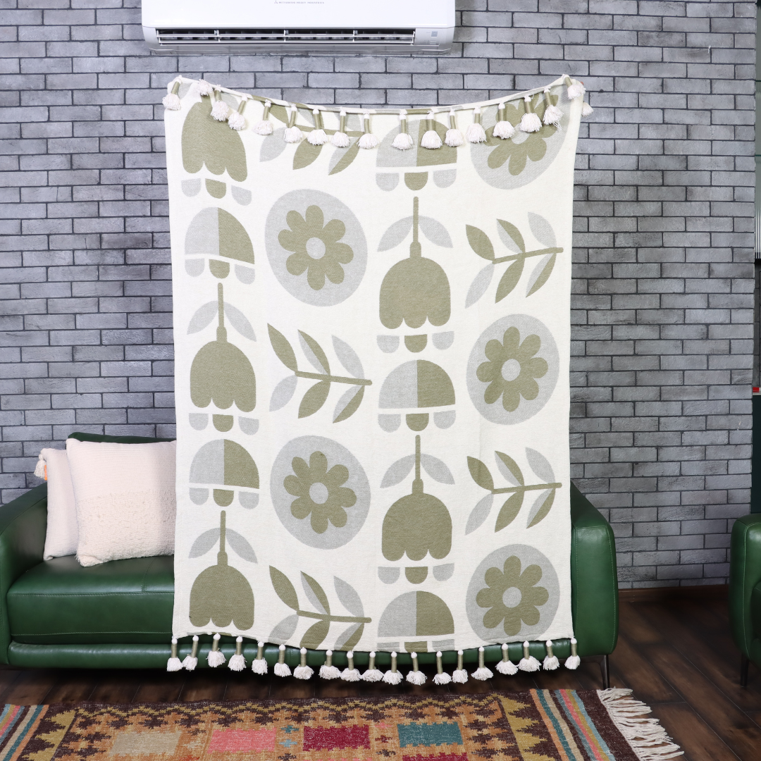 Olive Green Handwoven Cotton Throw with fringe 50" x 60" (127 x 172 cm) by Luv Saffron | Souqify