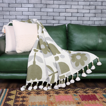 Olive Green Handwoven Cotton Throw with fringe 50" x 60" (127 x 172 cm) by Luv Saffron | Souqify