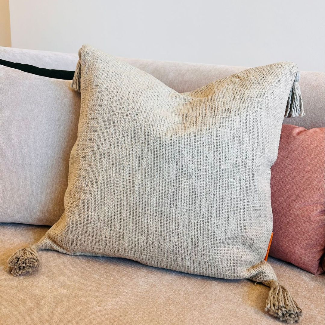 Olive Grey Cotton Throw cushion with Tassels 45 x 45 cm - Two Pieces by Luv Saffron | Souqify