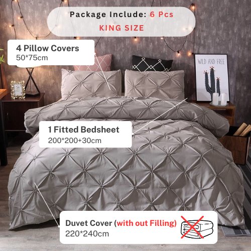 Premium King Size 6 Pieces Bedding Set Without Filler Pinch Pleat Design, Plain Grey color by 5 | Souqify