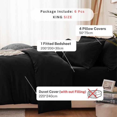 Premium King size 6 pieces Bedding Set without filler, Plain Black Color