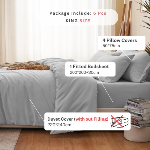 Premium King size 6 pieces Bedding Set without filler, Plain Light Grey Color by 5 | Souqify