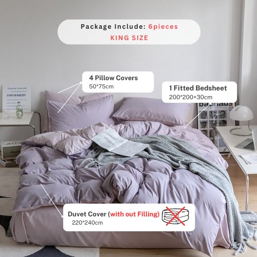 Premium King Size 6 Pieces Korean Reversible Bedding Set, Plain Purple and Light Purple Color. by 5 | Souqify