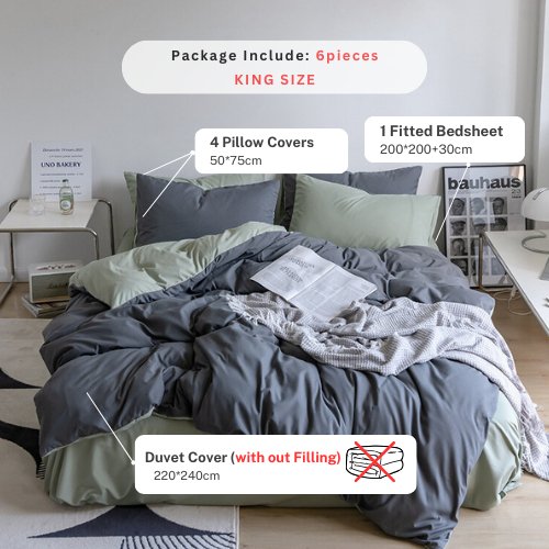 Premium King Size Korean Reversible Bedding Set, Plain Light Green and Grey Color. by 5 | Souqify