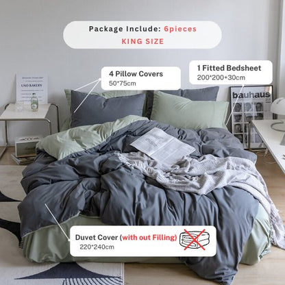 Premium King Size Korean Reversible Bedding Set, Plain Light Green and Grey Color. by 5 | Souqify