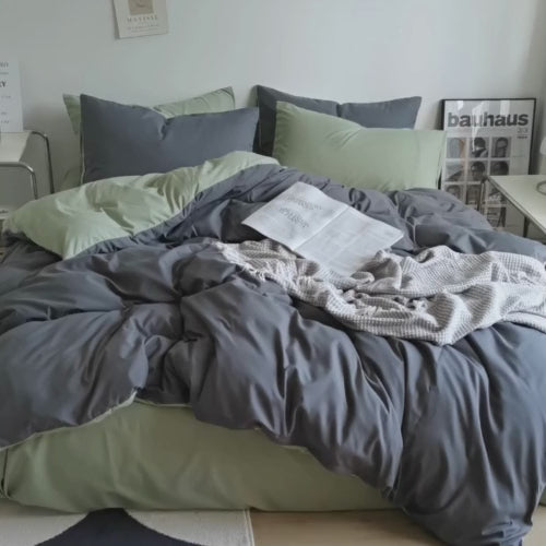 Premium King Size Korean Reversible Bedding Set, Plain Light Green and Grey Color. by 5 | Souqify