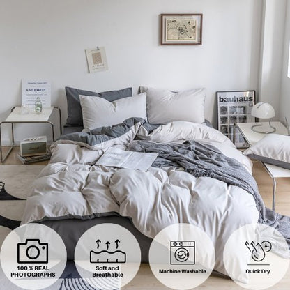 Premium Korean Single size 4 Pieces Reversible Constructor Design with 2 Attractive Pillow Covers, Plain Dark Grey Bedsheet and Plain Grey Duvet Cover without filler. by 5 | Souqify