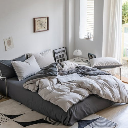 Premium Korean Single size 4 Pieces Reversible Constructor Design with 2 Attractive Pillow Covers, Plain Dark Grey Bedsheet and Plain Grey Duvet Cover without filler. by 5 | Souqify