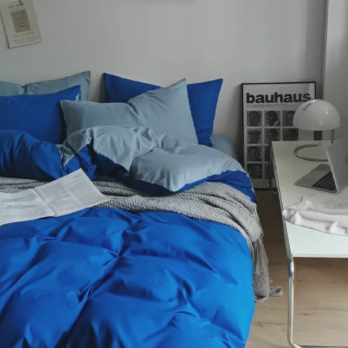 Premium Queen/Double Size Korean Reversible Bedding Set, Plain Grey and Blue Color. by 5 | Souqify