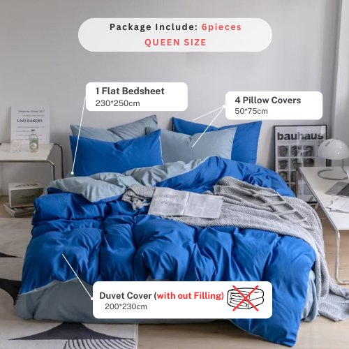 Premium Queen/Double Size Korean Reversible Bedding Set, Plain Grey and Blue Color. by 5 | Souqify