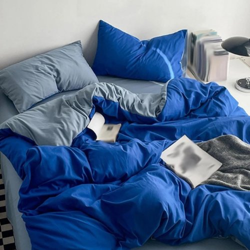 Premium Queen/Double Size Korean Reversible Bedding Set, Plain Grey and Blue Color. by 5 | Souqify