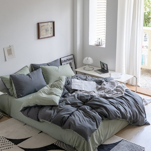 Premium Queen/Double Size Korean Reversible Bedding Set, Plain Light Green and Grey Color by 5 | Souqify