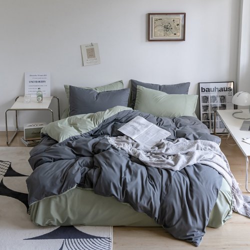 Premium Queen/Double Size Korean Reversible Bedding Set, Plain Light Green and Grey Color by 5 | Souqify