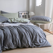 Premium Queen/Double Size Korean Reversible Bedding Set, Plain Light Green and Grey Color by 5 | Souqify