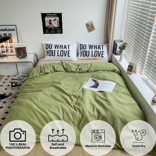 Premium Single Size 4 Pieces Constructor Design with 2 eye-catching pillowcases, Plain Beige Bedsheet and Olive Color Duvet Cover without filler. by 5 | Souqify