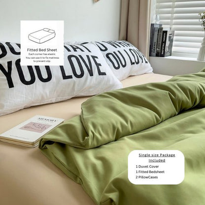 Premium Single Size 4 Pieces Constructor Design with 2 eye-catching pillowcases, Plain Beige Bedsheet and Olive Color Duvet Cover without filler. by 5 | Souqify