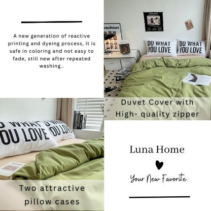 Premium Single Size 4 Pieces Constructor Design with 2 eye-catching pillowcases, Plain Beige Bedsheet and Olive Color Duvet Cover without filler. by 5 | Souqify