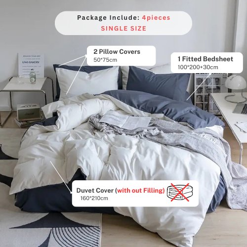Premium Single Size 4 Pieces Duvet Cover Set, Reversible White with Gray Color Plain Style Bedding Set. by 5 | Souqify