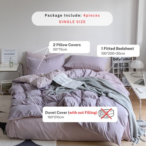 Premium Single Size 4 Pieces Korean Reversible Bedding Set, Plain Purple and Light Purple Color. by 5 | Souqify
