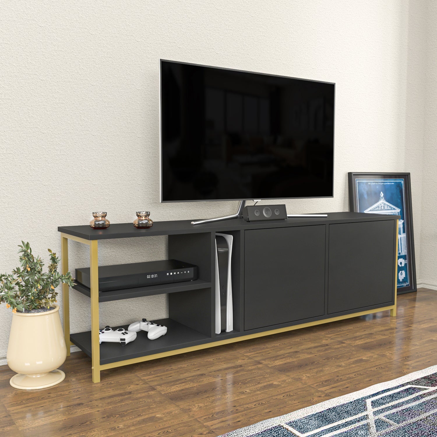 Primrose TV Unit - Gold-Antrasit by DECOROTIKA | Souqify