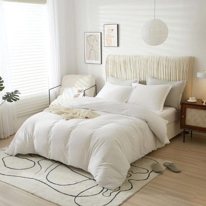 Queen size 6 pieces Bedding Set, Washable Cotton Plain Snow White Color Design.