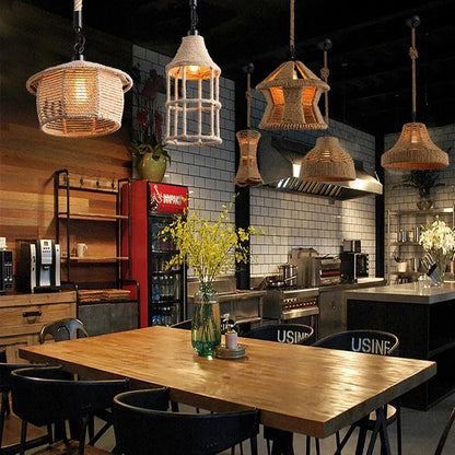 Retro iron hemp rope pendant lights Bar cafe dinning room Warehouse bird cage Hand Knitted Hemp rope hanging lamp industria by Zhongsan | Souqify