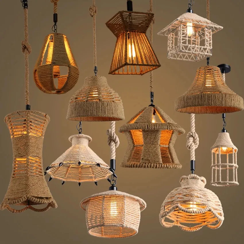 Retro iron hemp rope pendant lights Bar cafe dinning room Warehouse bird cage Hand Knitted Hemp rope hanging lamp industria by Zhongsan | Souqify