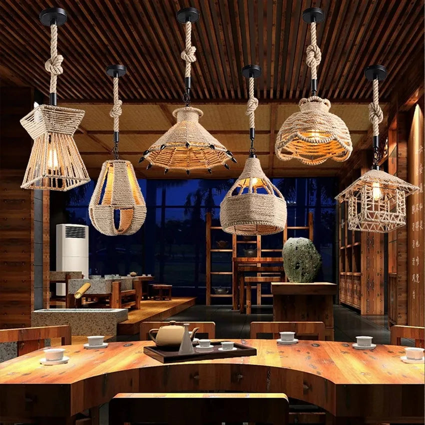 Retro iron hemp rope pendant lights Bar cafe dinning room Warehouse bird cage Hand Knitted Hemp rope hanging lamp industria by Zhongsan | Souqify