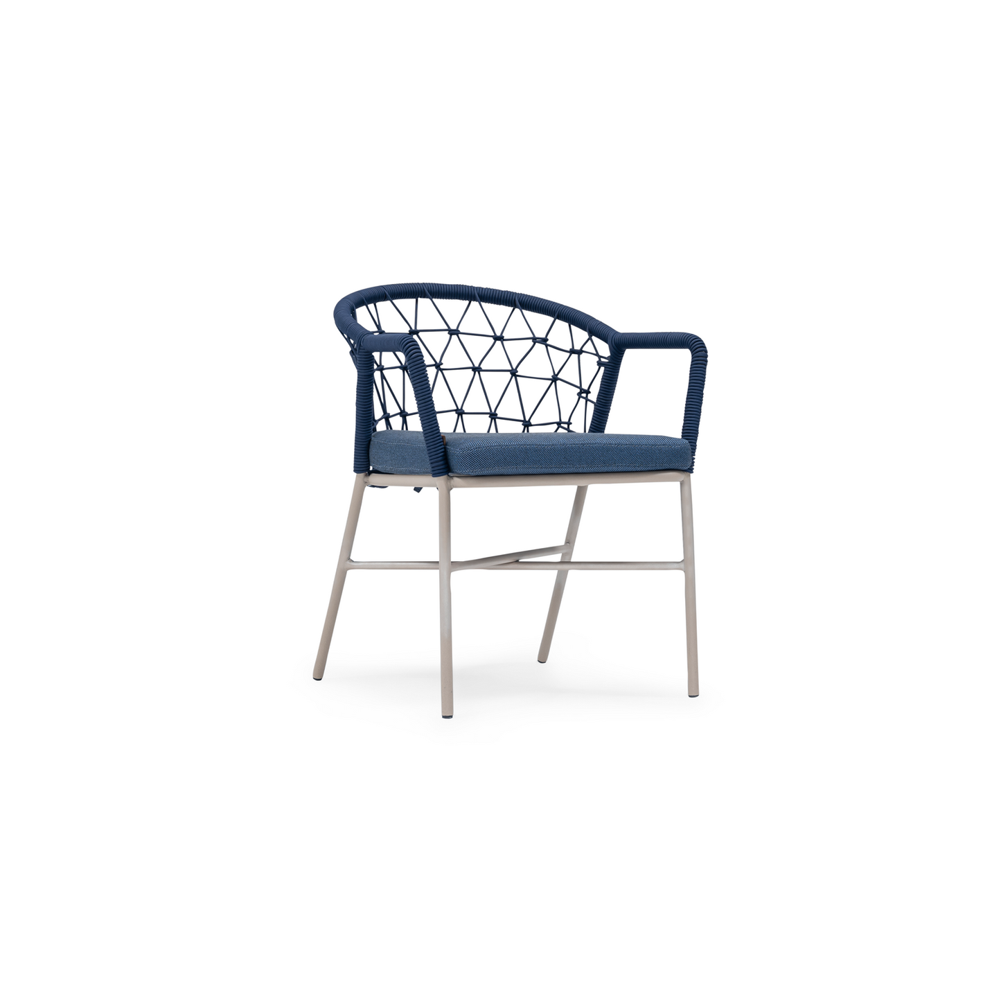 A navy blue upholstered side chair with a metal frame and cushioned seat and backrest - Sancrea Side 627 Premium Aluminium & Rope Accent Chair