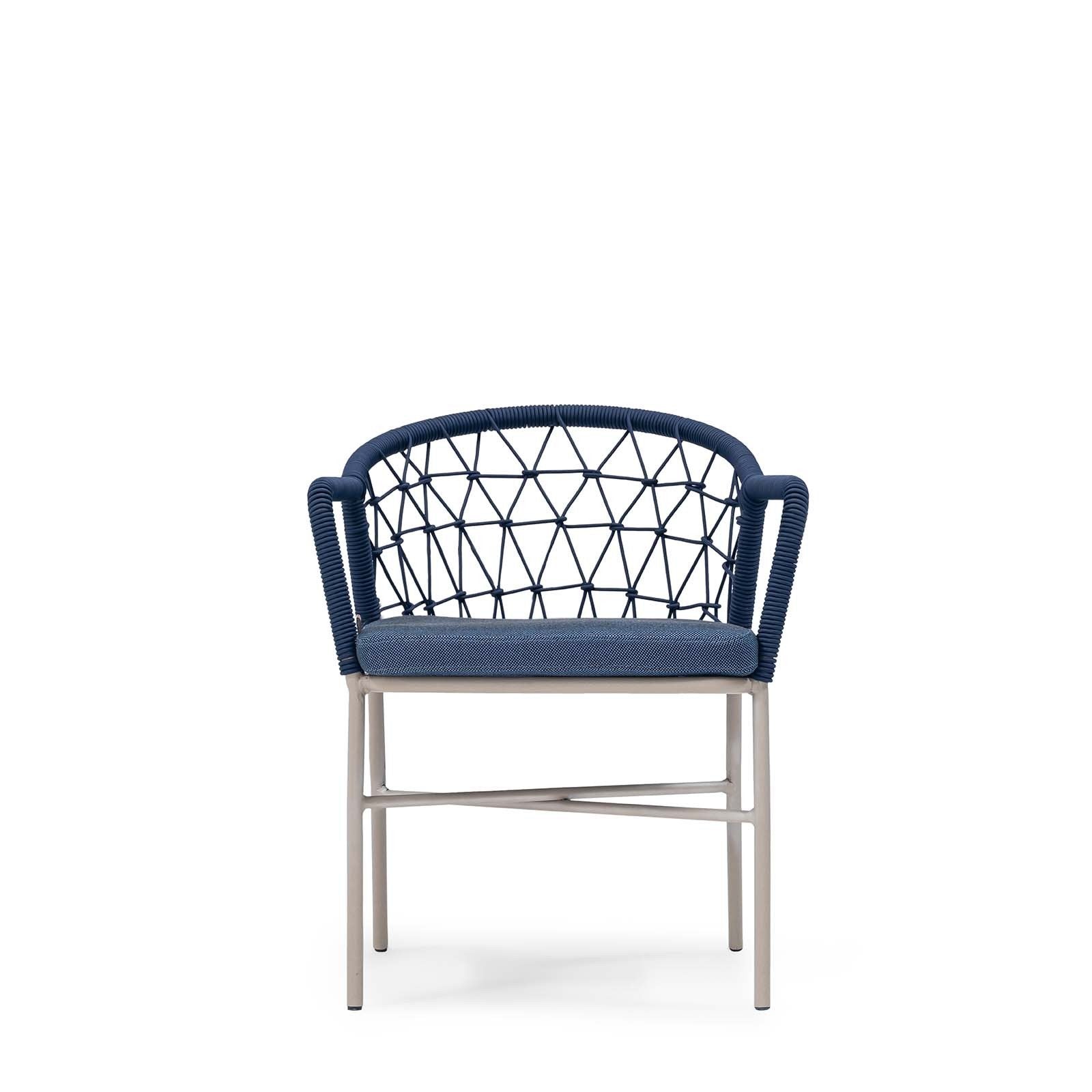 A navy blue upholstered side chair with a metal frame and cushioned seat and backrest - Sancrea Side 627 Premium Aluminium & Rope Accent Chair