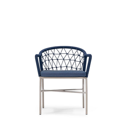 A navy blue upholstered side chair with a metal frame and cushioned seat and backrest - Sancrea Side 627 Premium Aluminium & Rope Accent Chair