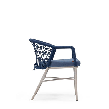 A navy blue upholstered side chair with a metal frame and cushioned seat and backrest - Sancrea Side 627 Premium Aluminium & Rope Accent Chair