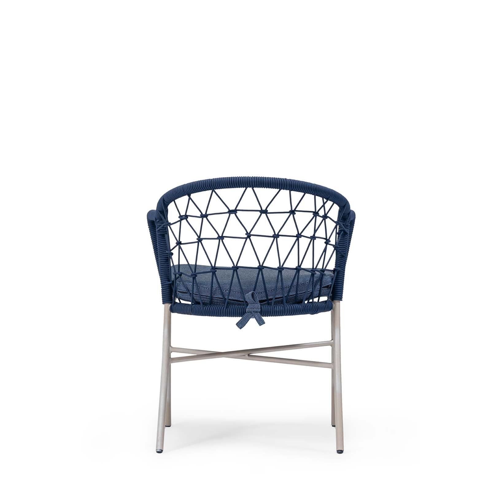 A navy blue upholstered side chair with a metal frame and cushioned seat and backrest - Sancrea Side 627 Premium Aluminium & Rope Accent Chair