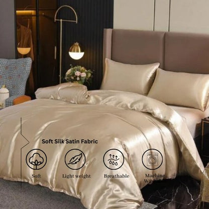 Silky Satin, King Size  6-Piece Bedding Set, Plain Beige Color.