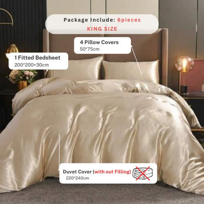 Silky Satin, King Size  6-Piece Bedding Set, Plain Beige Color.