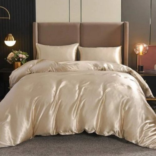 Silky Satin, King Size  6-Piece Bedding Set, Plain Beige Color.