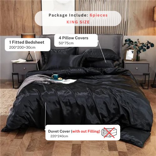 Silky Satin, King Size 6-Piece Bedding Set, Plain Black Color. by 5 | Souqify