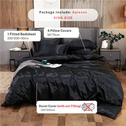 Silky Satin, King Size 6-Piece Bedding Set, Plain Black Color. by 5 | Souqify