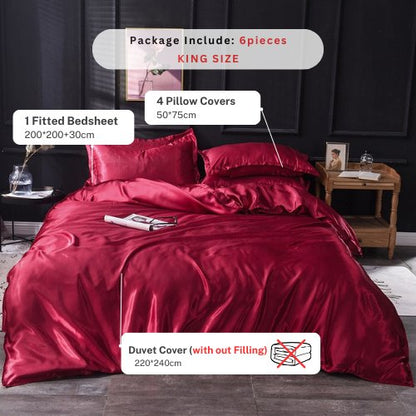Silky Satin, King Size 6-Piece Bedding Set, Plain Dark Red Color. by 5 | Souqify