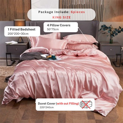 Silky Satin, King Size 6-Piece Duvet Cover Set, Plain Pink Color. by 5 | Souqify