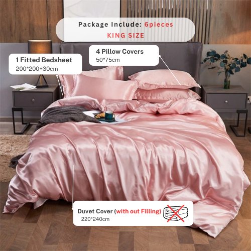 Silky Satin, King Size 6-Piece Duvet Cover Set, Plain Pink Color. by 5 | Souqify