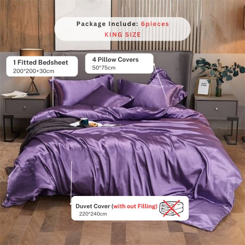 Silky Satin, King Size 6-Piece Duvet Cover Set, Plain Purple Color. by 5 | Souqify
