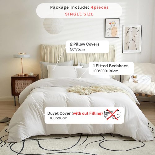 Single size 4 Pieces Bedding Set, Washable Cotton Snow White Color